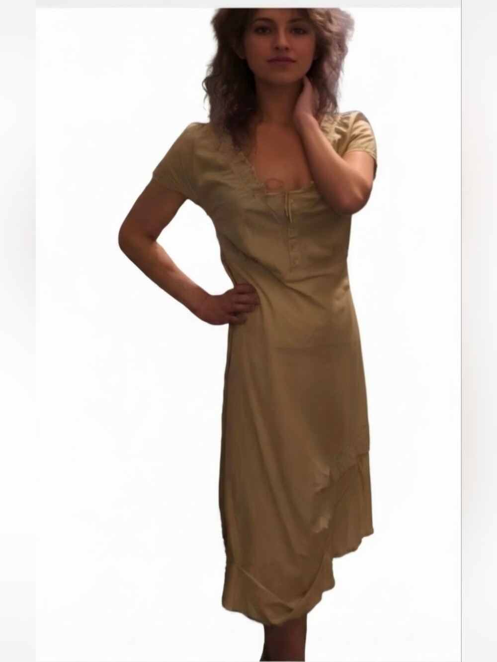 Cop Copine Avant Garde Beige Boho Short Sleeve Midi Dress Taille 40 (Small)